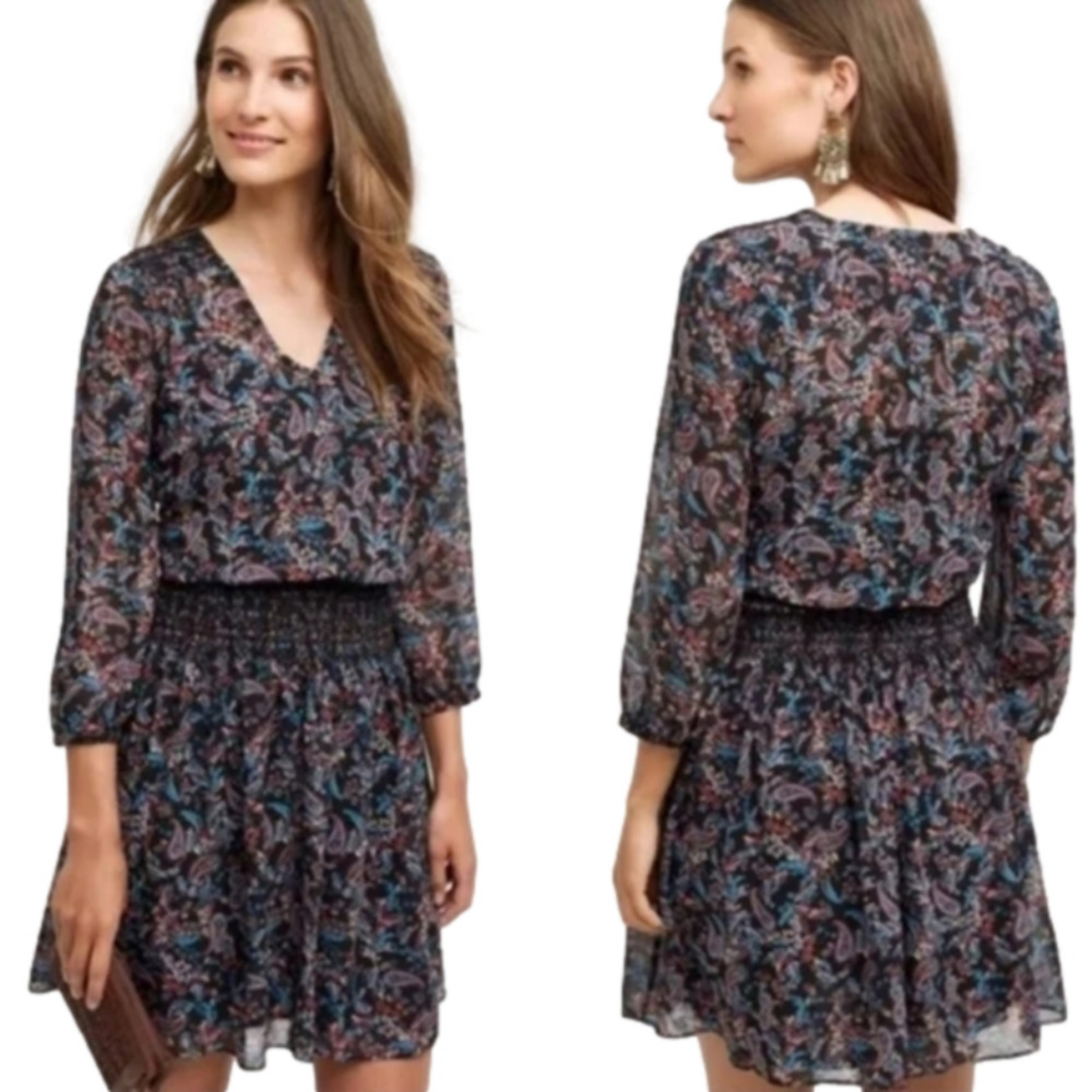 Anthropologie Vanessa Virginia Daytripper Paisley Floral Smocked Dropwaist Dress